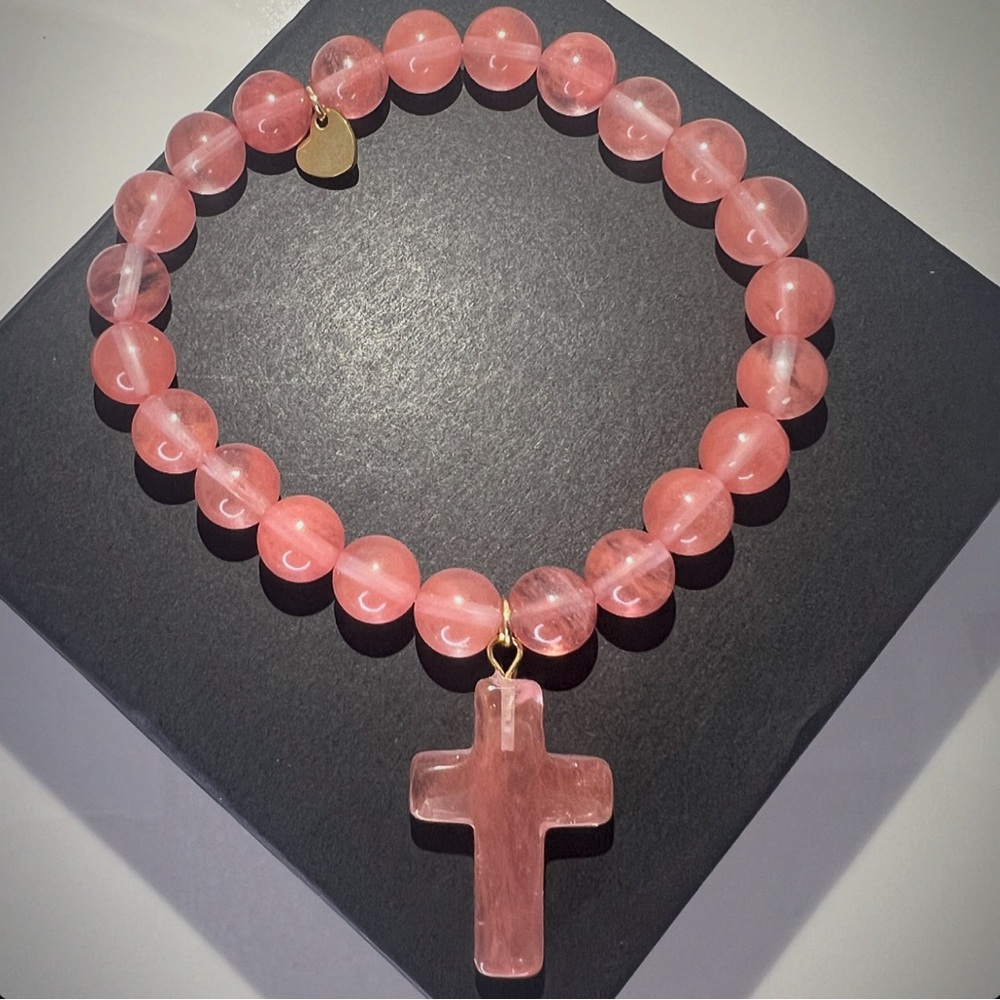 NEW Strawberry Quartz Natural Stone Bracelet w Cross Pendant